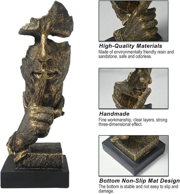 fazhongfa Thinker Statue - Silence is Gold Modern Decor Creative Abstract Art Figurine Resin Sculptures Decoration Room Home Study Office Figurines for Desktop Shelf Table Ornament (Bronze) - Image 4