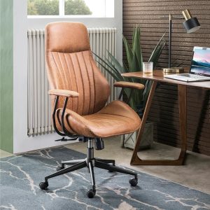 ovios Ergonomic Home Office Chair, Mid-Century Modern Leather Chair with Lumbar Support, High Back Swivel Rolling Executive Chair, Comfy Task Computer Desk Chair (Brown, Suede Leather)