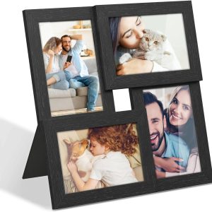 SONGMICS 4x6 Collage Picture Frames, Family Photo Collage Frame Set of 4 for Wall Decor, Glass Front, Wall Hanging or Tabletop, Ink Black